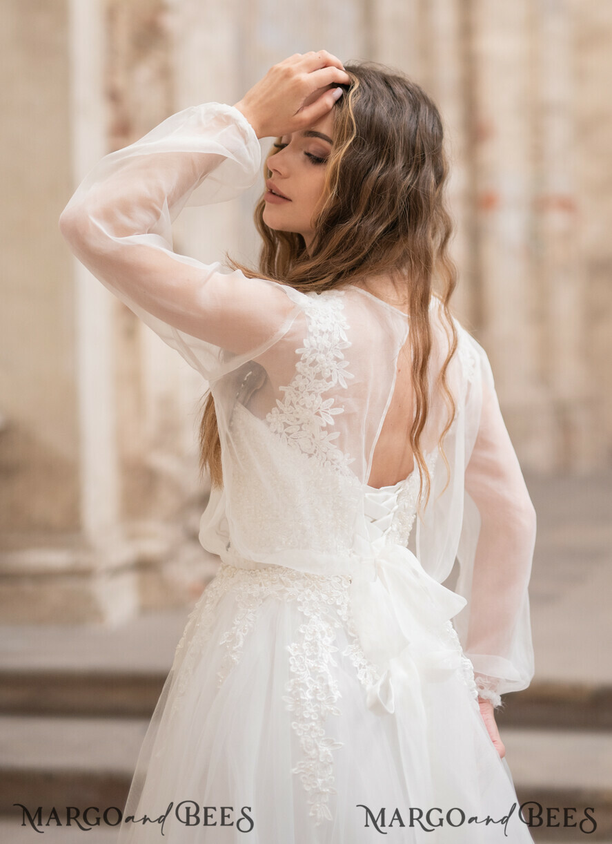Ivory long sleeve wedding dress topper buttoned back lace bolero weddi –  ALEX BRIDAL
