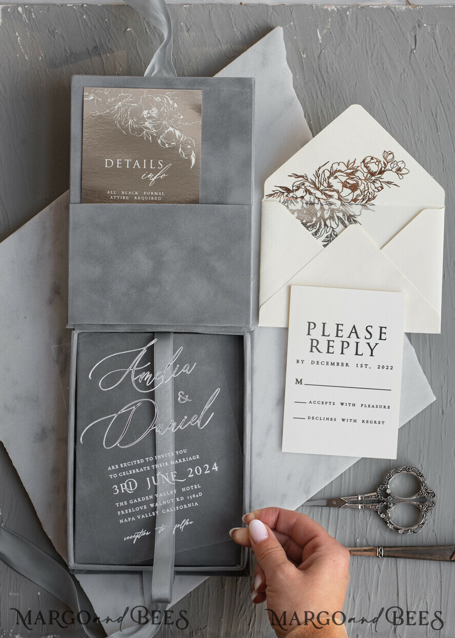 Elegant Acrylic Wedding Invitation with Silver Foil Letters and