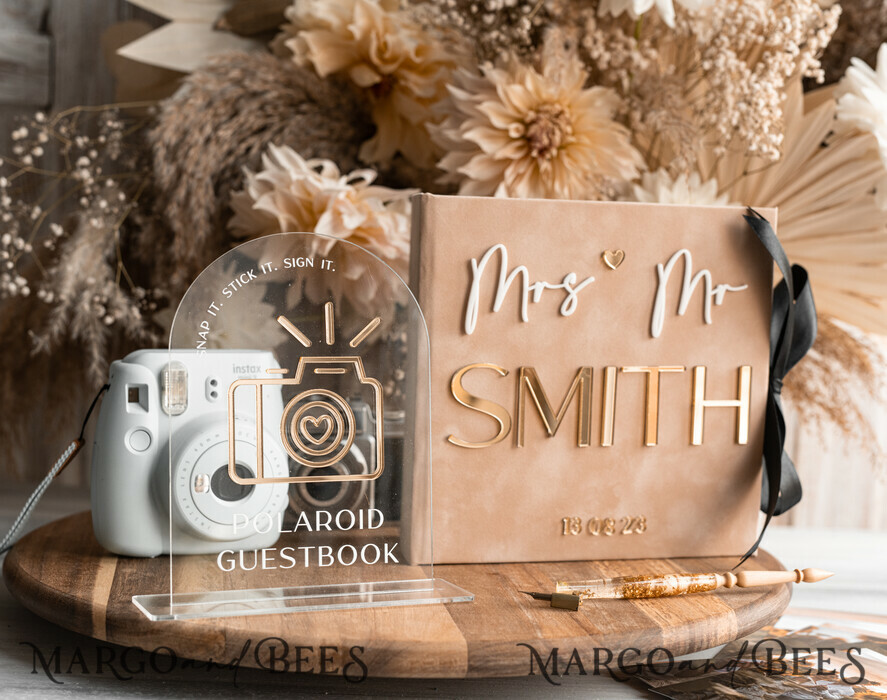 beige Gold Presonalised Wedding Guest Book and arch acrylic Instax Sign  Black Pages, Velvet Memory Photo Booh Book and Clear Sign Set Fall Wedding