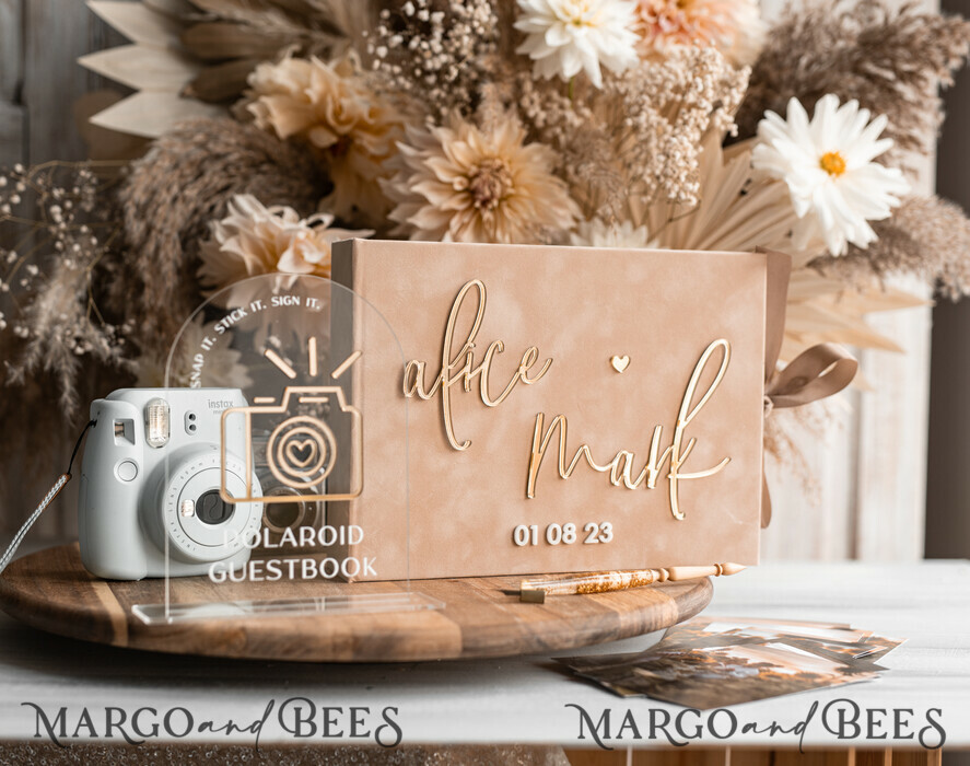 beige Gold Presonalised Wedding Guest Book and arch acrylic Instax Sign,  Velvet Memory Photo Booh Book and Clear Sign Set Fall Wedding, Polaroid