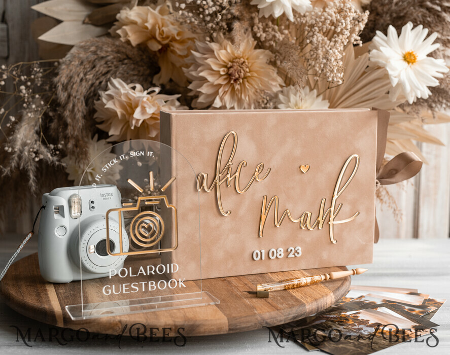 beige Gold Presonalised Wedding Guest Book and arch acrylic Instax Sign,  Velvet Memory Photo Booh Book and Clear Sign Set Fall Wedding, Polaroid  velvet Guest book & Plexi Instax Sign set