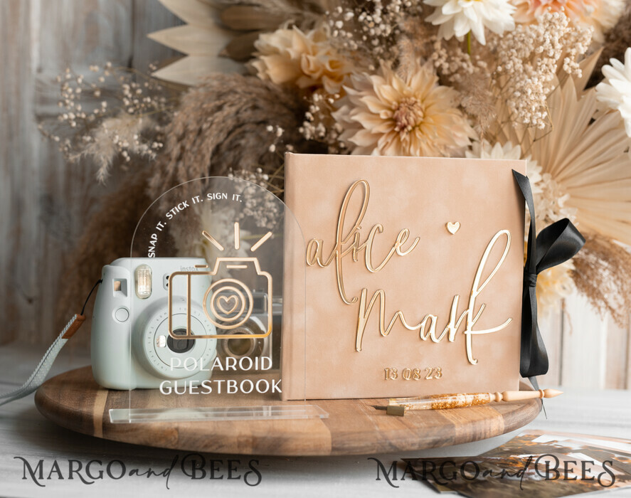 beige Gold Presonalised Wedding Guest Book and arch acrylic Instax Sign Black Pages, Velvet Memory Photo Booh Book and Clear Sign Set Fall Wedding, Polaroid velvet Guest book & Plexi Instax Sign