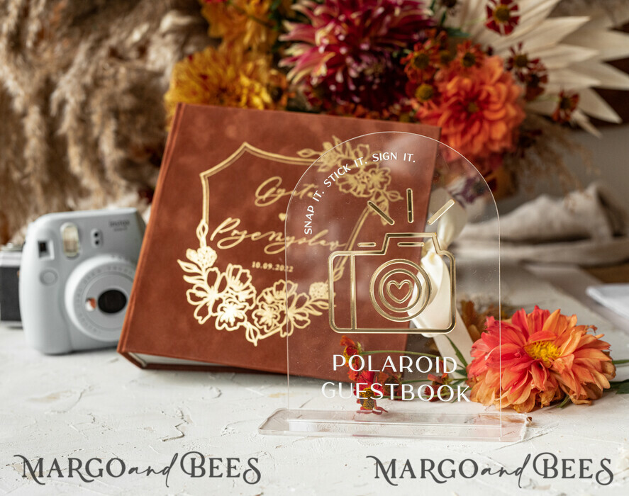 terracotta Gold Presonalised Wedding Guest Book and arch acrylic Instax  Sign, Velvet Memory Photo Booh Book and Clear Sign Set Fall Wedding,  Polaroid velvet Guest book & Plexi Instax Sign set