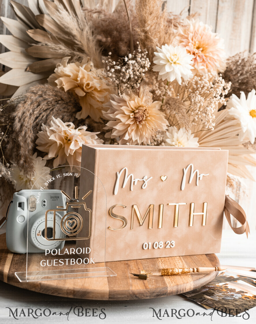 beige Gold Presonalised Wedding Guest Book and arch acrylic Instax Sign,  Velvet Memory Photo Booh Book and Clear Sign Set Fall Wedding, Polaroid  velvet Guest book & Plexi Instax Sign set