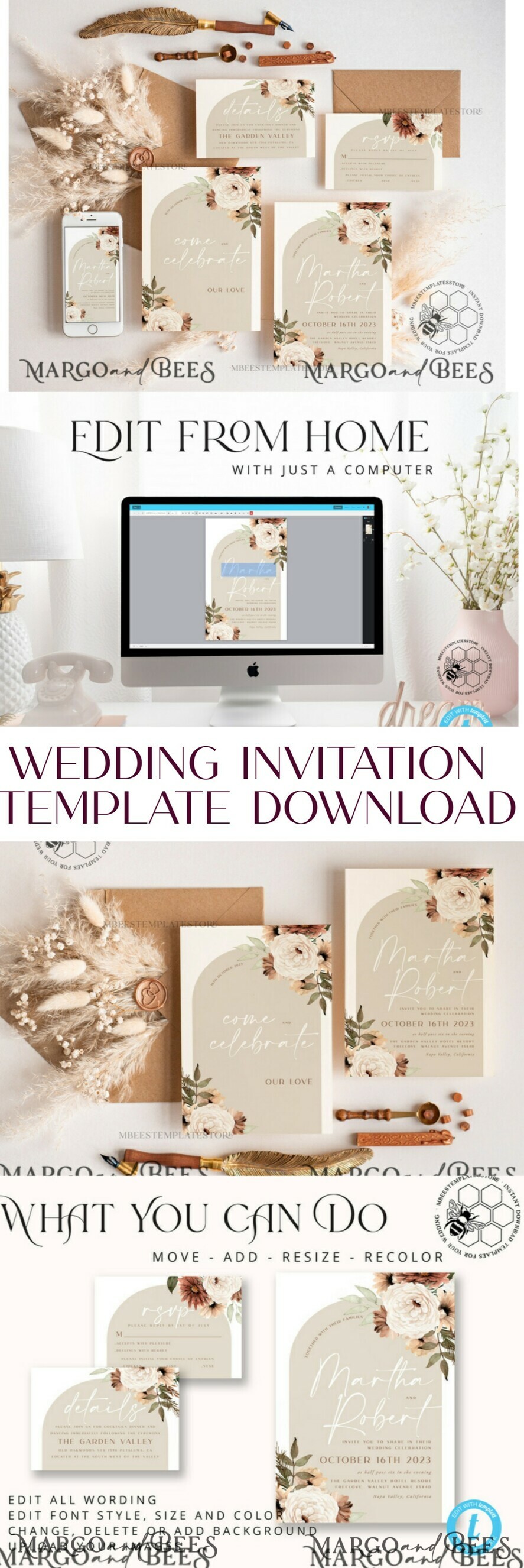 Boho Ivory wedding Invitations Set Template, Instant Download Printable ...