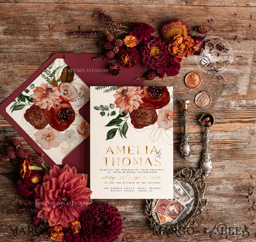 Ivory & Burgundy Floral Boxed Wedding Invitations