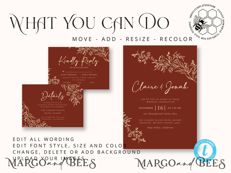 Boho fall wedding Invitations Set Template, Instant Download Printable  Invites Home Printing,Elegant Terracotta Fine Art Invitation Card Set