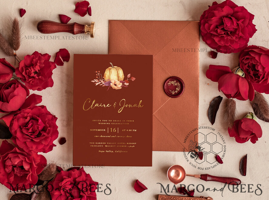 Elegant boho fall wedding Invitations Set Template, Instant Download  Printable Invites Home Printing, Autumn Fine Art Invitation Card Set