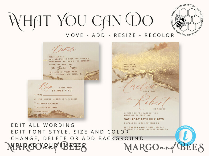 Modern Glam wedding Invitation Template, Instant Download Printable Invites  Home Printing, Gold Boho Wedding Invitation Card Set terracotta