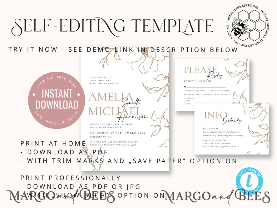 Fine art beige wedding invitation template, Instant download Boho ...