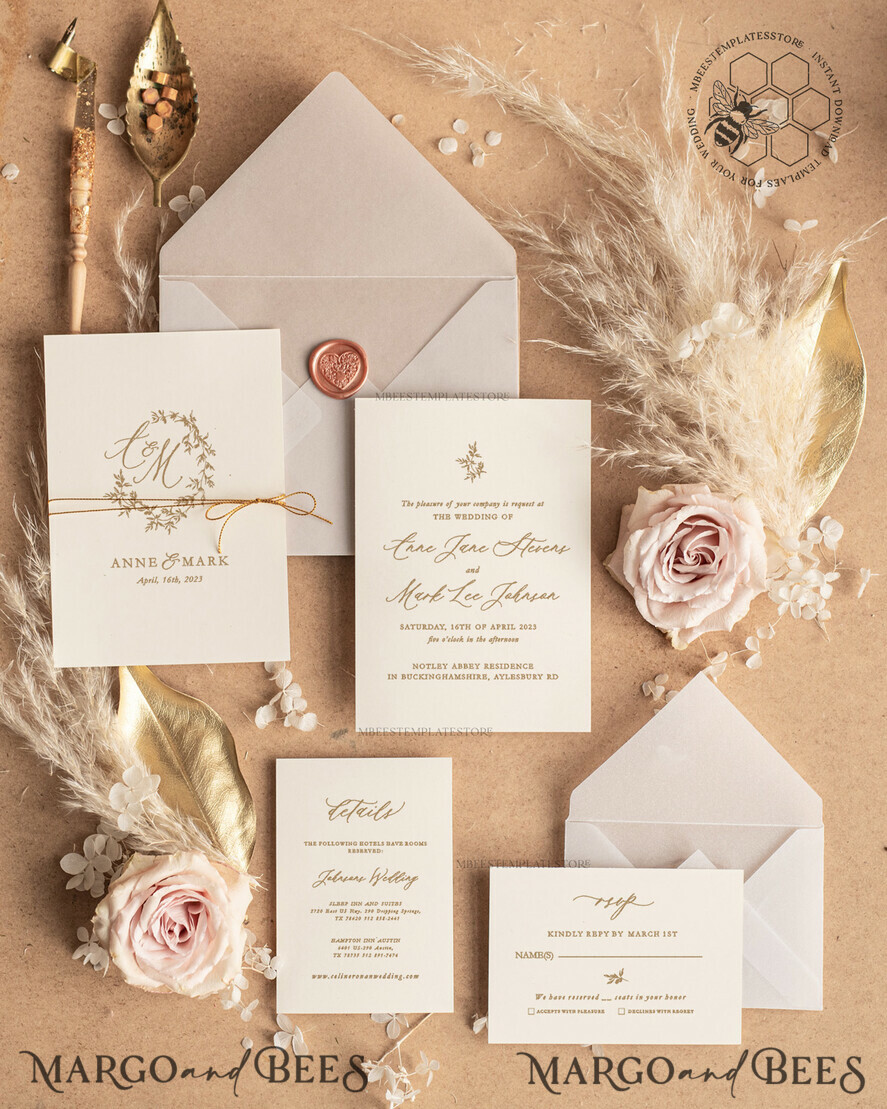 Gold Elegant Wedding Invitation Editable Minimalist Wedding 
