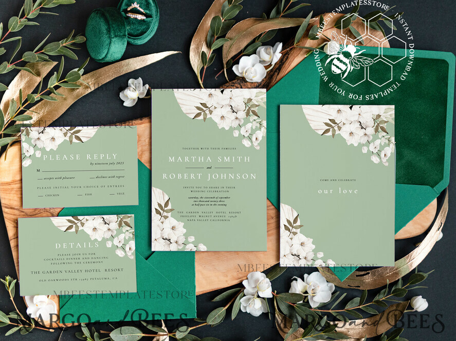Sage Green wedding invitation template, Instant download Greenery