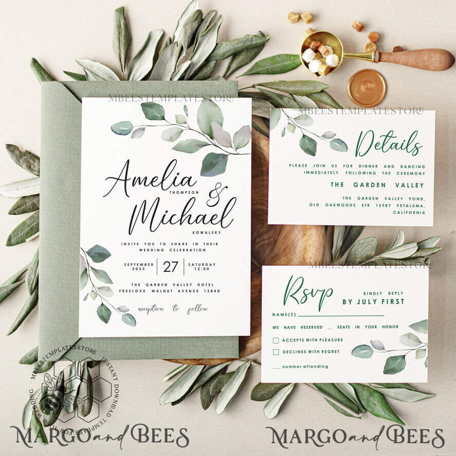 Sage Green wedding invitation template, Instant download Greenery