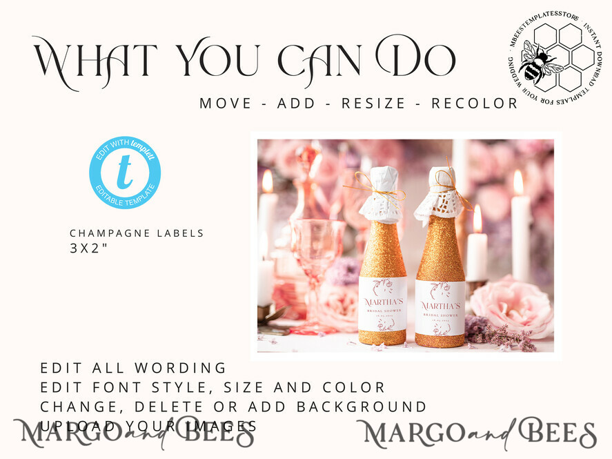 Rose Gold Boho Editable Mini Champagne Bottle Labels Ready to 