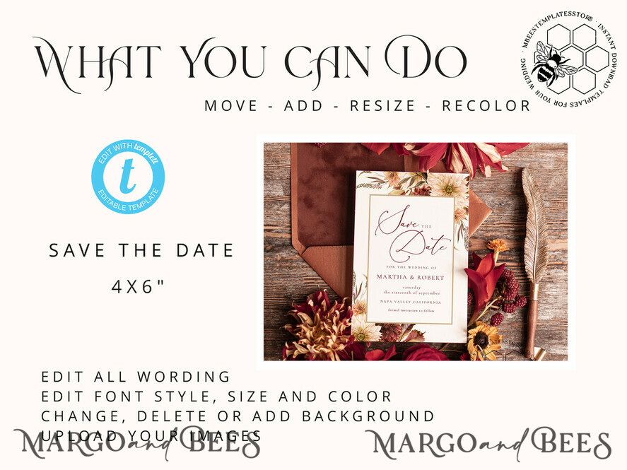 Save the Date Template, Instant Download, Save the Date Cards, Printable Save  the Date, Burgundy Save the Day Invites DIY, Templett, C6 (Instant  Download) 