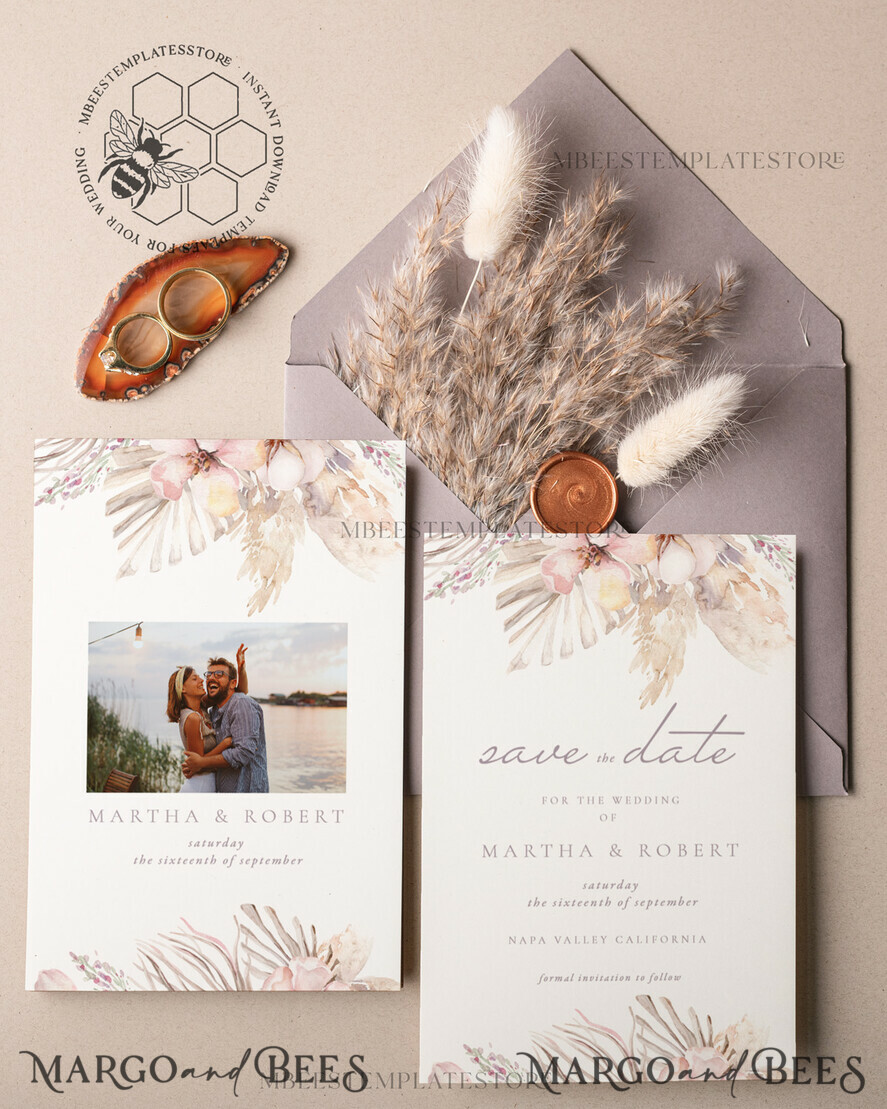 Pampas save the date card template, Instant download save the date card,  Elegant Floral save the date cards Set Printable WPam5