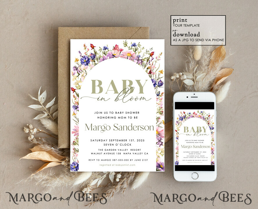 Floral Gender Neutral Baby Shower Invitation Template, Instant Download  Printable Invites Home Printing, Simple modern baby shower Card Set