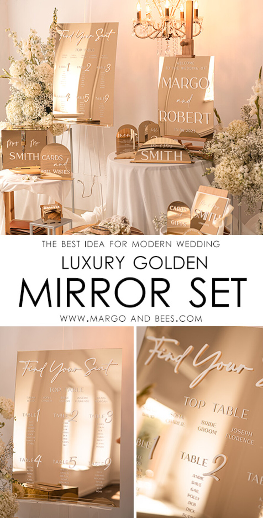 Acrylic Card Box, Gold Mirror / White Print