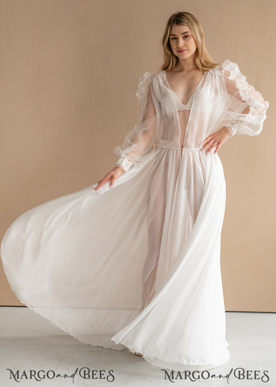 Silk Muslin Robe for Bride, Long Lace Bridal robe for wedding with wide  open sleeves, Silk Bride robe Long white robe Satin silk boudoir robe  Dressing