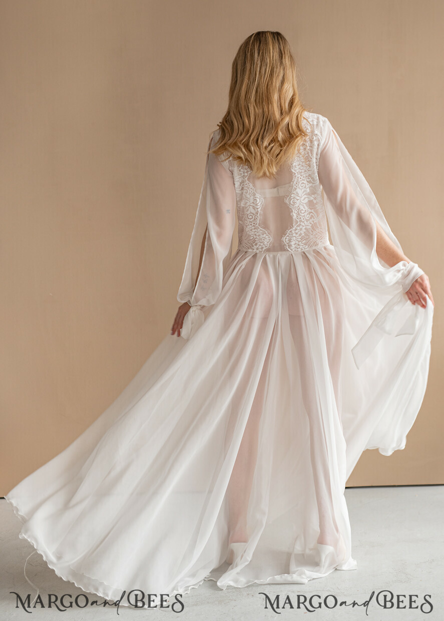 Silk Muslin Robe for Bride, Long Lace Bridal robe for wedding with wide  open sleeves, Silk Bride robe Long white robe Satin silk boudoir robe  Dressing gown Bridesmaid gift