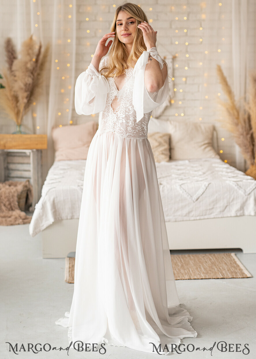 Bride robe White boudoir robe Long silk robe Bridal lace robe Dres  01/SatLS/Robe