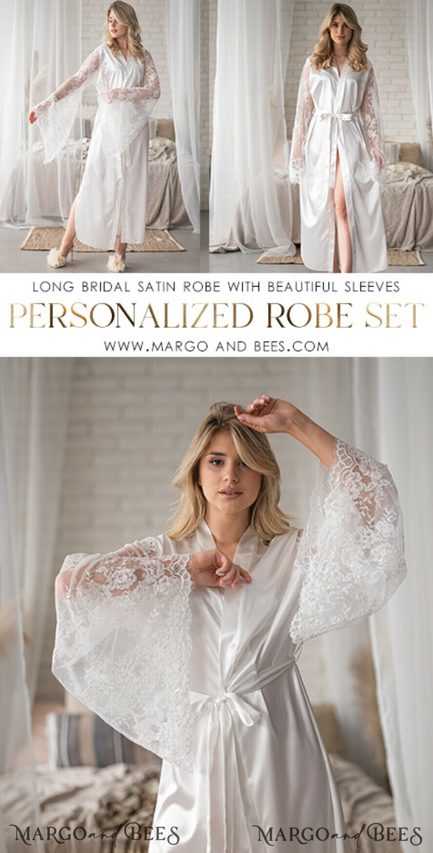 Personalised Satin Robes, Luxury Bride Dressing Gowns, Sexy Lace sleeves  Wedding Robes, Get Ready Bridal Robes with name on it, Hen Party Lace Silk