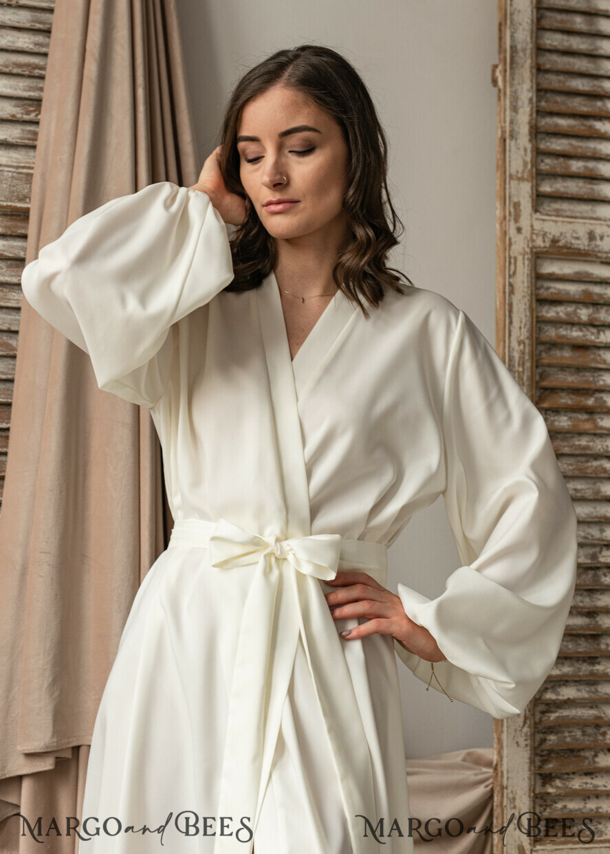 Bridal robe for wedding with wide sleeves Bride robe Long white or Ivory robe  Satin silk boudoir robe Dressing gown