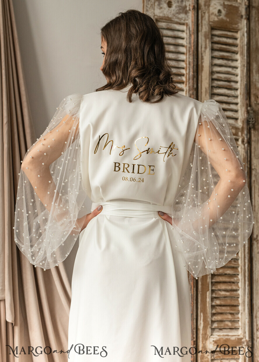 Bridal robe for wedding with wide tulle beaded sleeves Bride robe