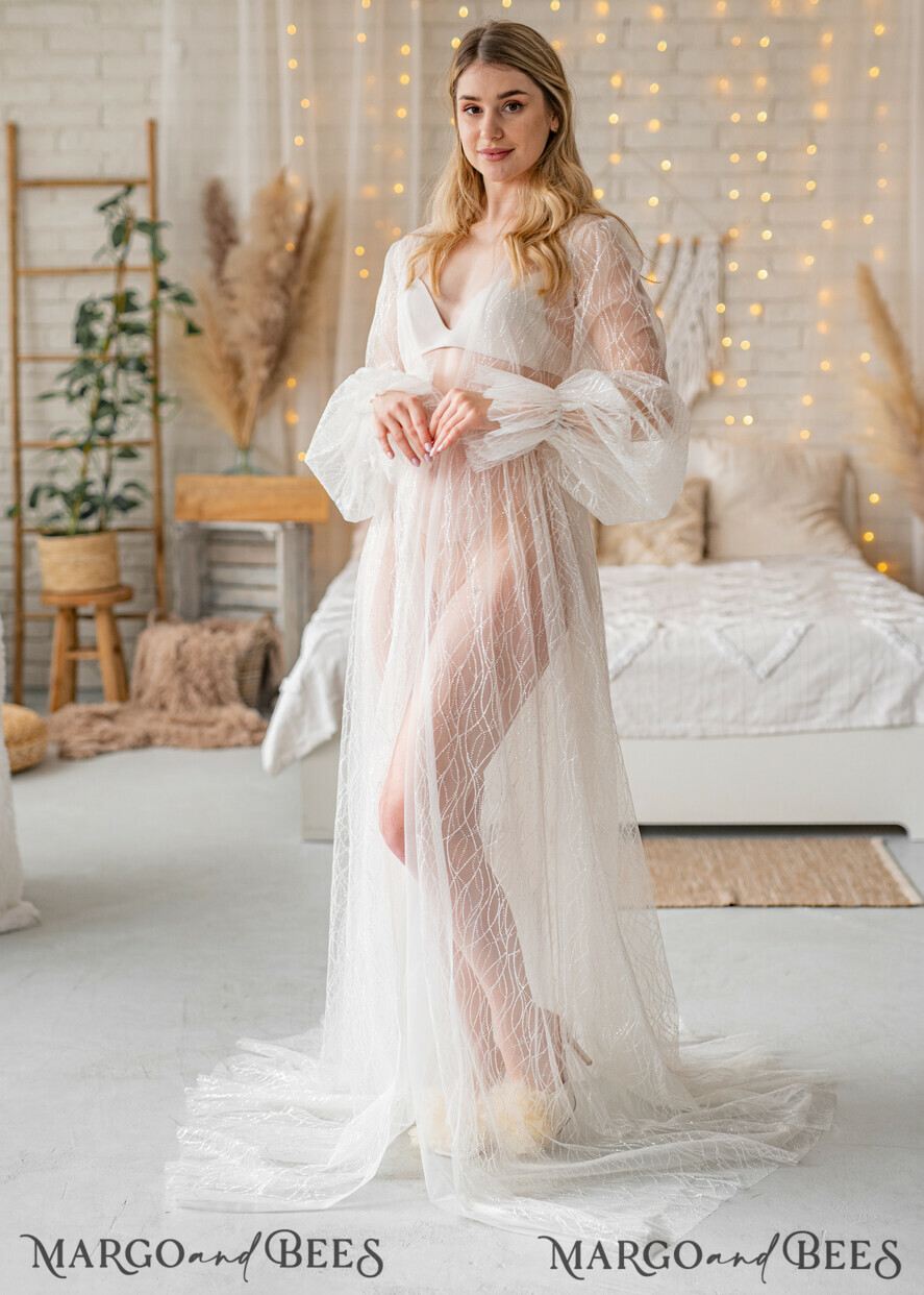 Bridal robe for wedding with wide sleeves Bride robe Long white robe all  lace Tulle boudoir robe Dressing gown Bridesmaid gift