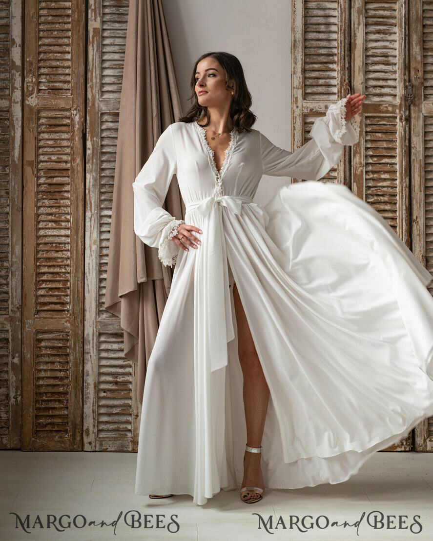 Long Bridal Robe, Long Wedding Robe With Train, White Silk Satin Robe for  Bride, Boudoir Wedding Dress, Getting Ready Robe,bridal Party Robe 