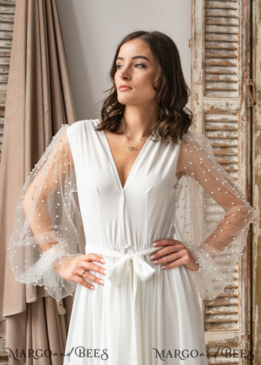 Long Bridal robe for wedding with wide tulle sleeves Silk Bride robe Long white robe Satin silk boudoir robe Dressing gown Bridesmaid gift