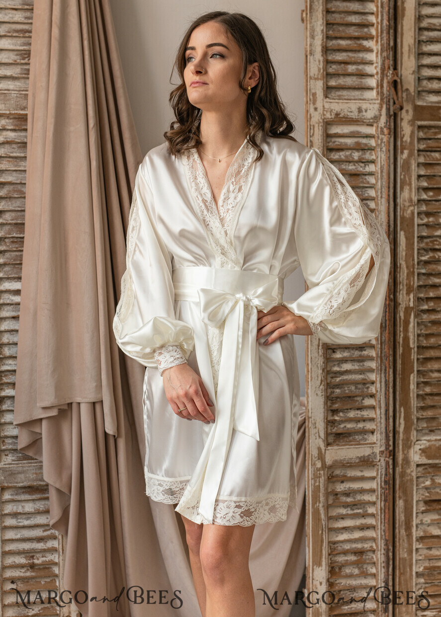 Silk Sation Robe for Bride, Lace Bridal robe for wedding with wide open  sleeves, Silk Bridal white r