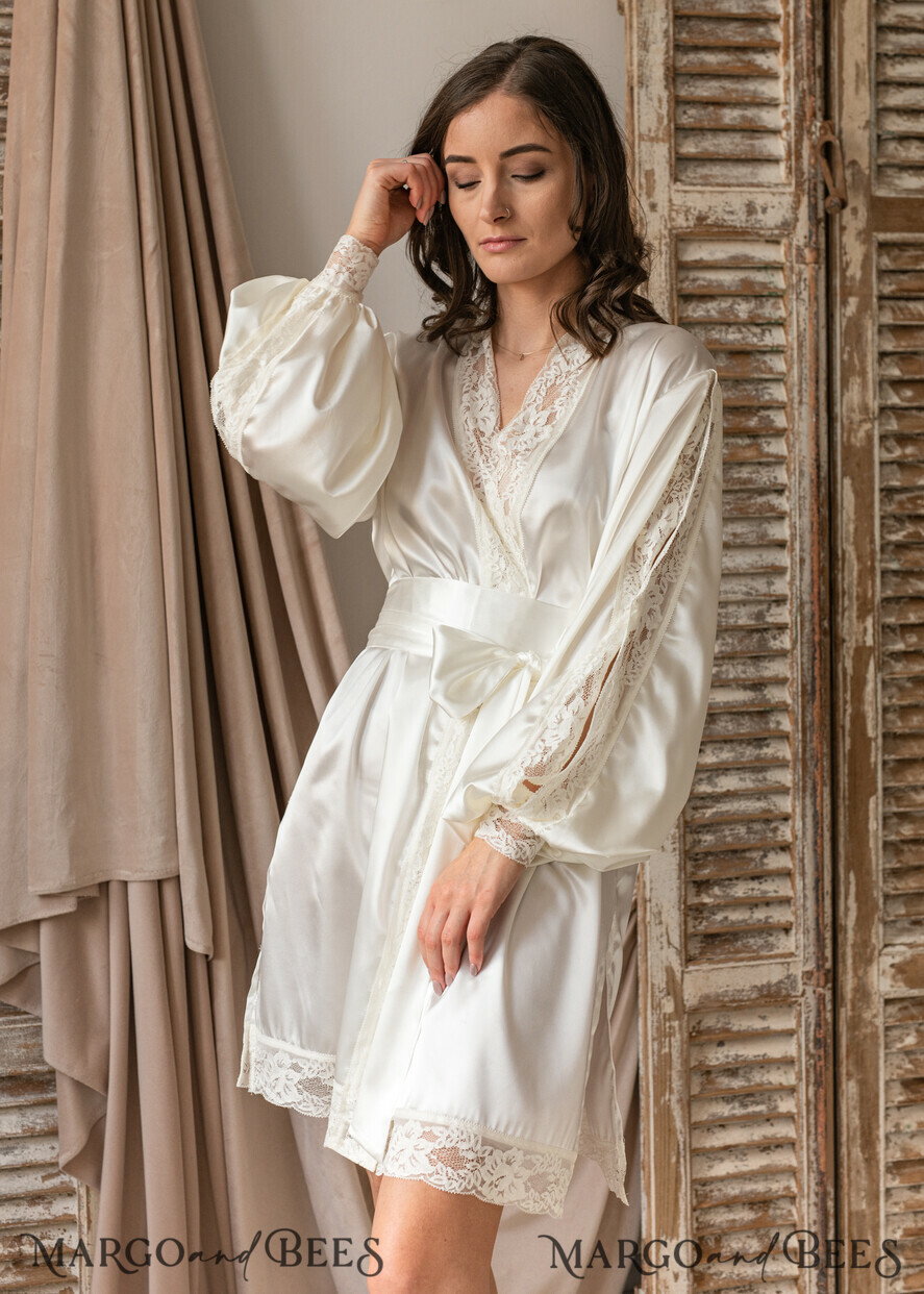 Silk Sation Robe for Bride, Lace Bridal robe for wedding with wide