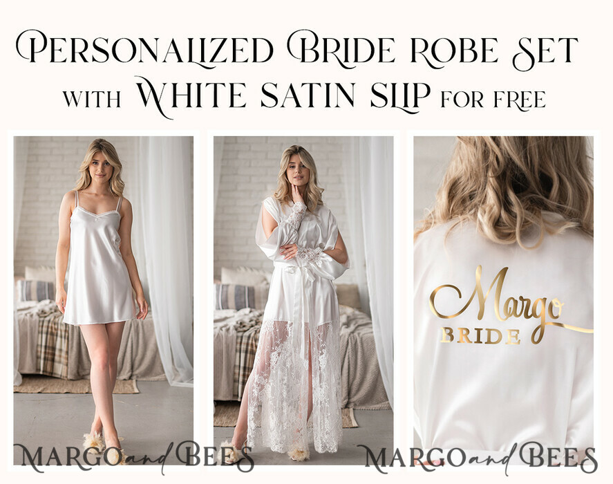 Custom Bride Robe & Slip Set for Wedding, Long Lace Bridal Robe