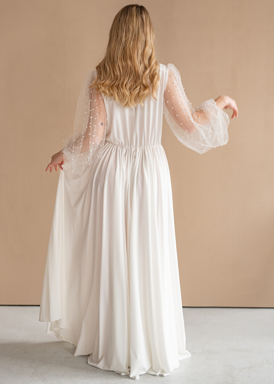 Long Bridal robe for wedding with wide tulle sleeves, Silk Bride