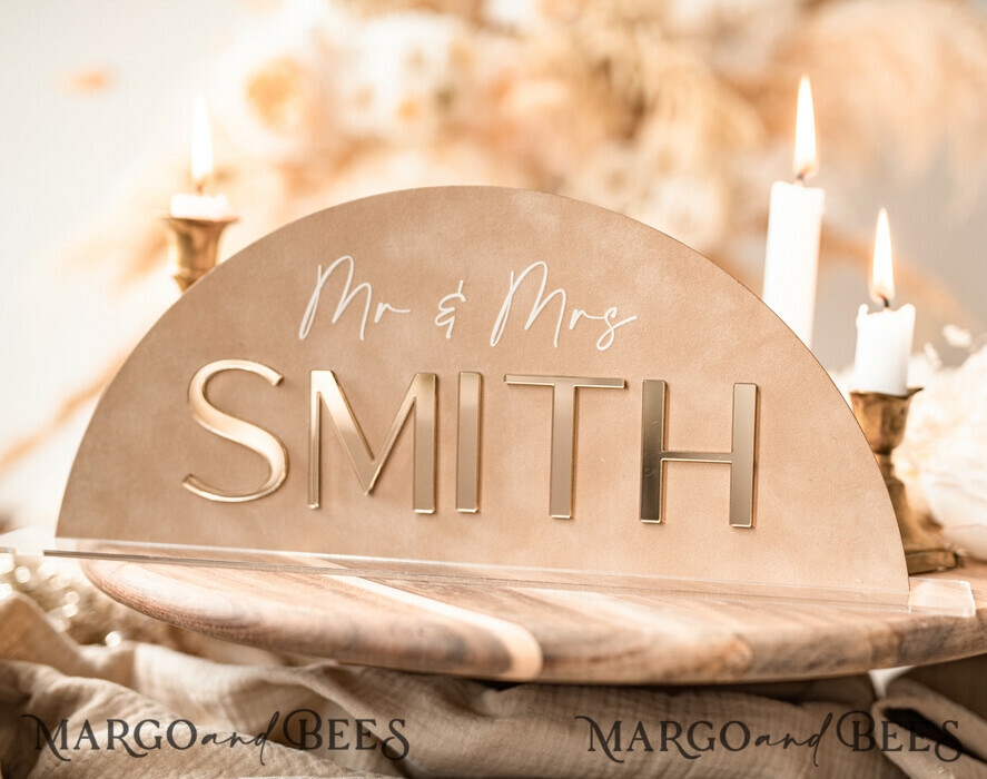Rustic Wood and Golden Top Table Mr Mrs signs with stand, Country