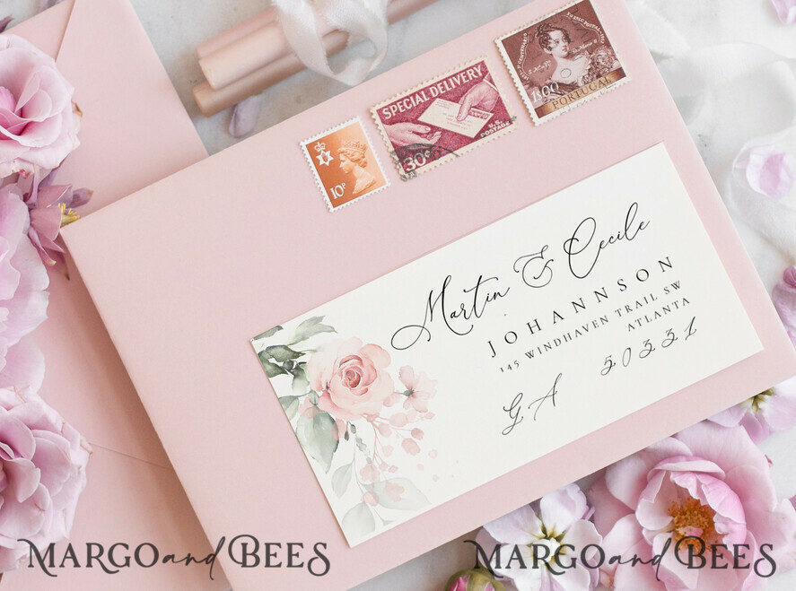Pink Floral Wedding Address Labels Card Template
