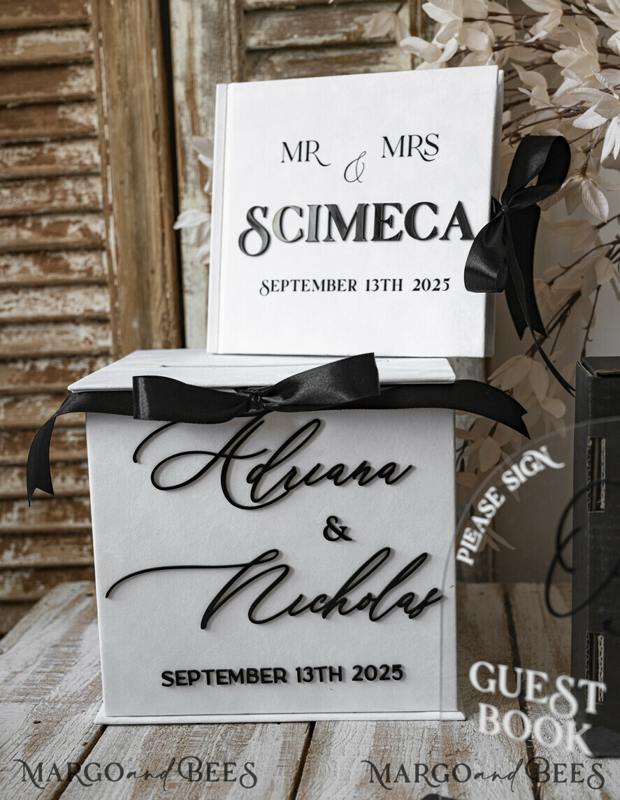  CARD BOXES velvet card boxes Velvet Set Card Box Guestbook & Sign, Wedding Card Box Instant Instax Guestbook, Black & White Wedding Money Box Sing Guestbook Set, BWs