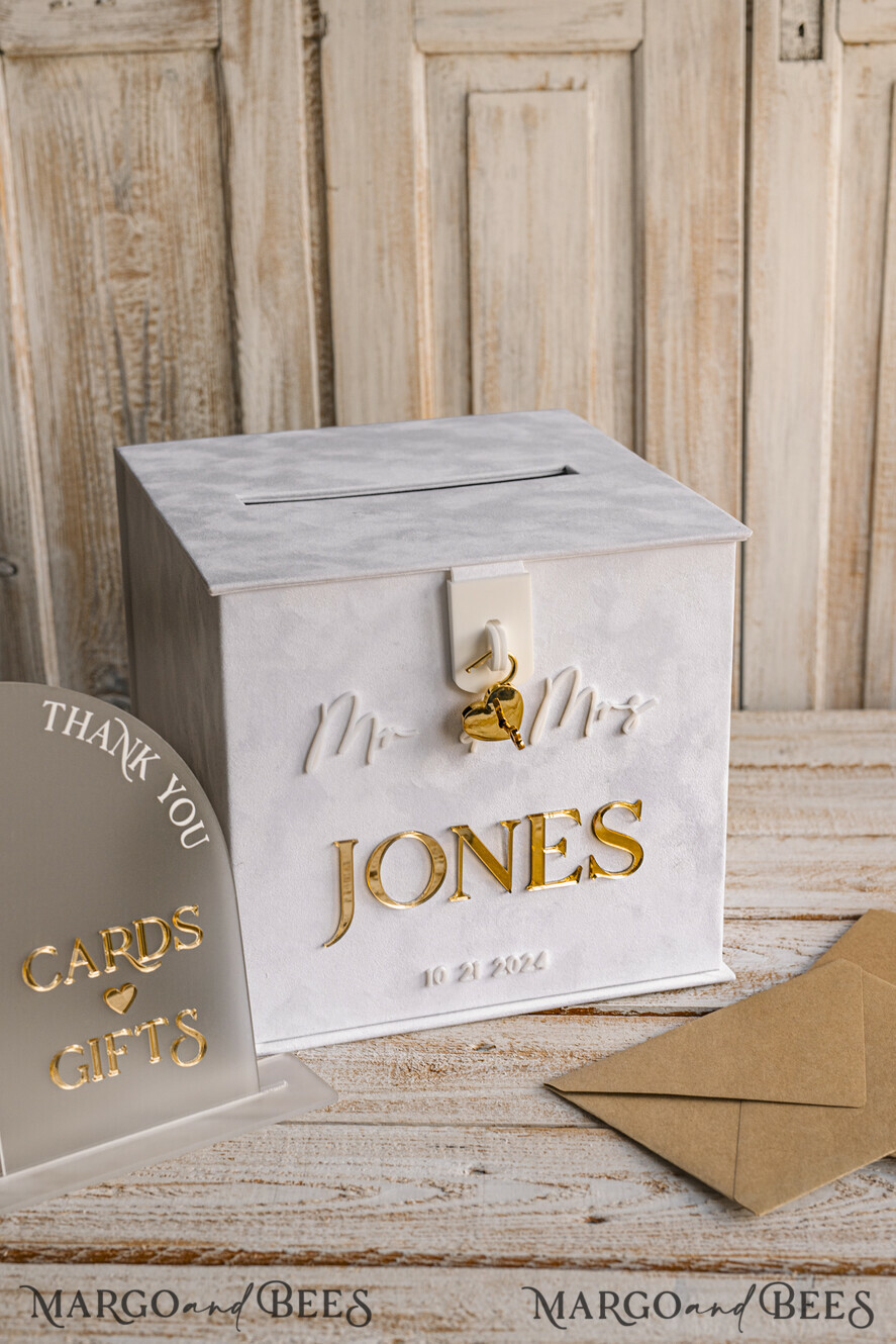 Vintage Gray Wood Wedding Card Box with Lid