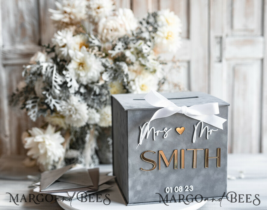 Gift Card Box, Velvet Grey wedding wishing well money gift card box,  Personalized Wedding Card Box, Luxury Greenery Card Box, Wedding Grey and  Gold