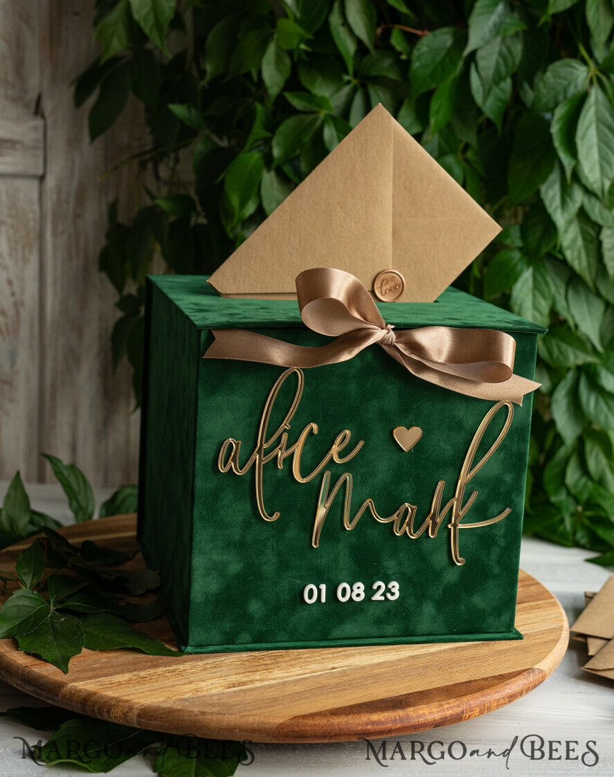 Gift Card Box, Velvet Grey wedding wishing well money gift card box,  Personalized Wedding Card Box, Luxury Greenery Card Box, Wedding Grey and  Gold