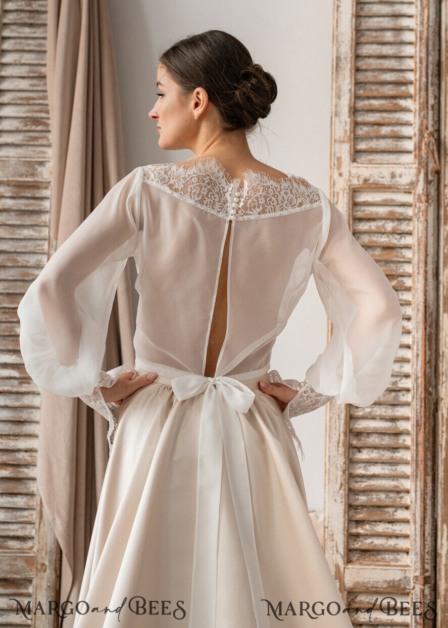 Ivory Silk and Lace Wedding bolero long sleeve Shrug Women Wedding Bridal Backless Coverup Ivory Blouse for Bride Bridal Lace Blouse dress