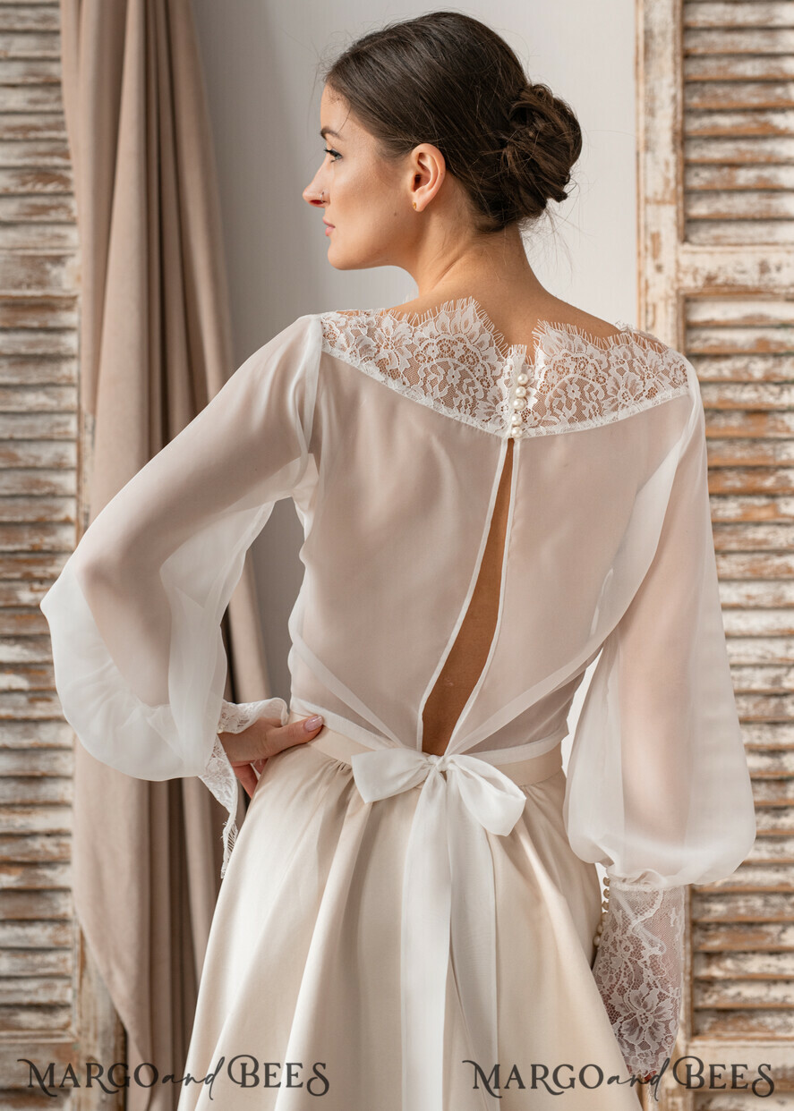 Ivory Silk and Lace Wedding bolero long sleeve Shrug Women Wedding Bridal Backless Coverup Ivory Blouse for Bride Bridal Lace Blouse dress capalet