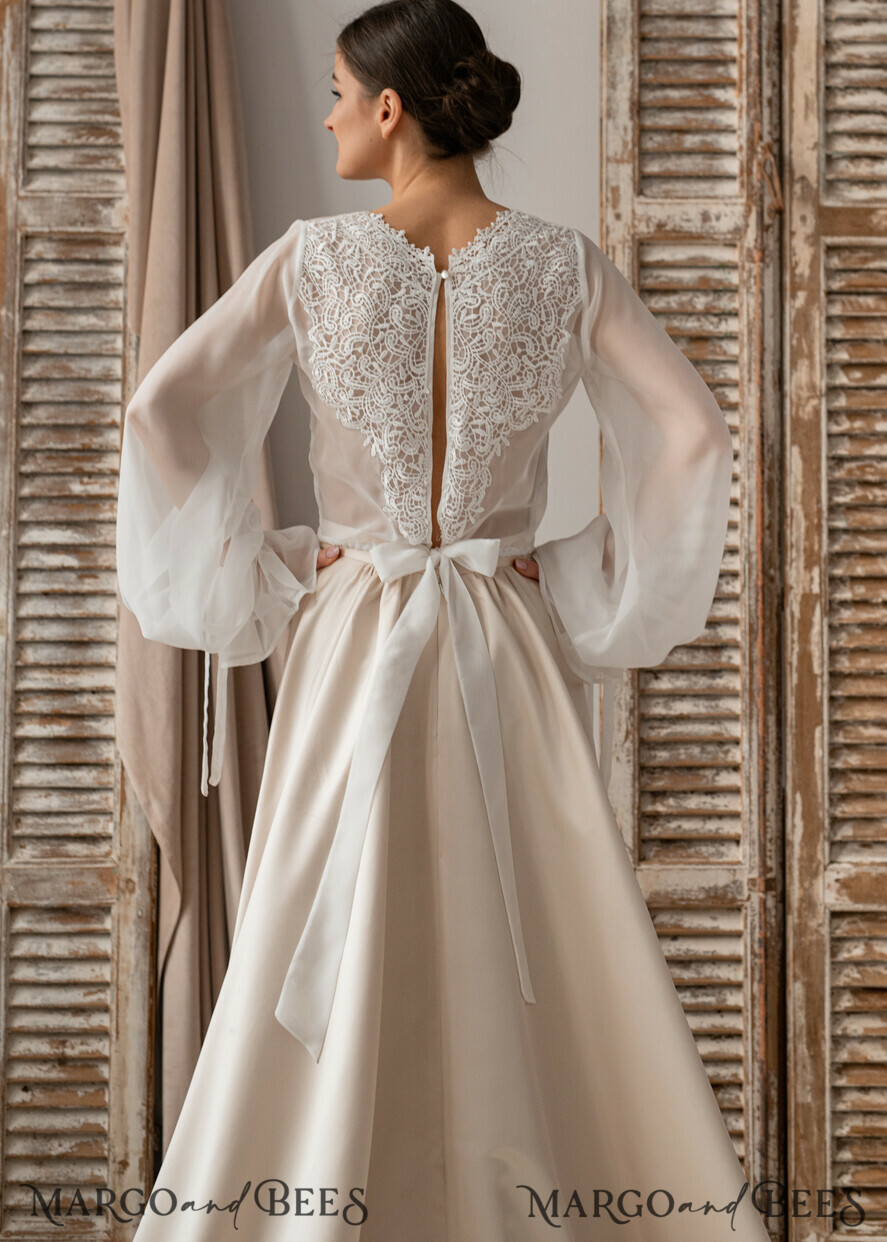 2 Pieces Satin Wedding Dress With Jacket Long Sleeve Simple White Elegant V  Neck Flowers Bride Dress Side Split Vestido de novia
