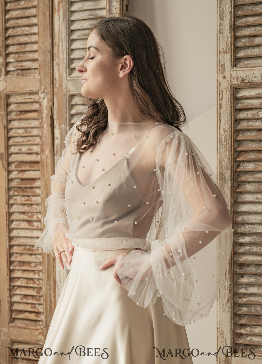 Ivory tulle Beaded Wedding bolero long sleeve Shrug Women Wedding Bridal Coverup with pearls Ivory Blouse for Bride Bridal Tulle Blouse dress capalet