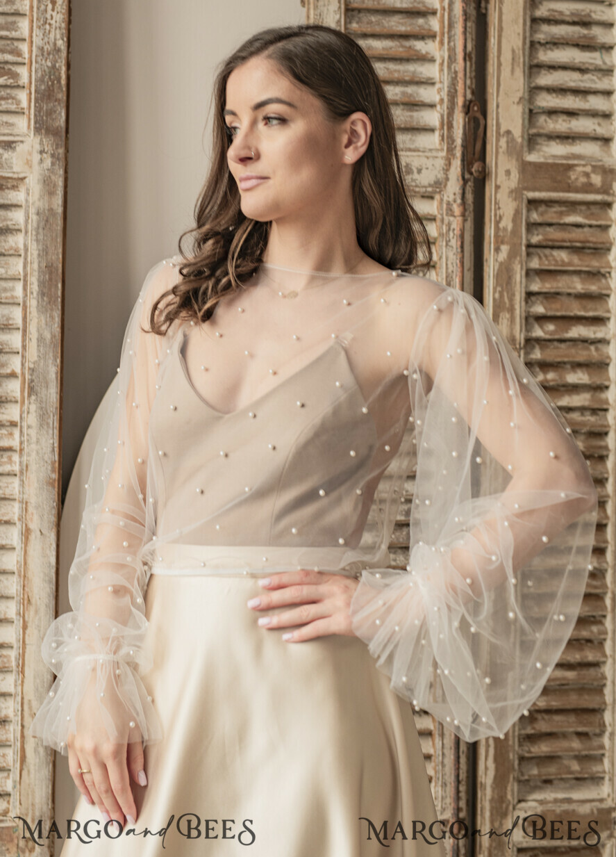 Ivory tulle Beaded Wedding bolero long sleeve Shrug Women Wedding Bridal Coverup with pearls Ivory Blouse for Bride Bridal Tulle Blouse dress