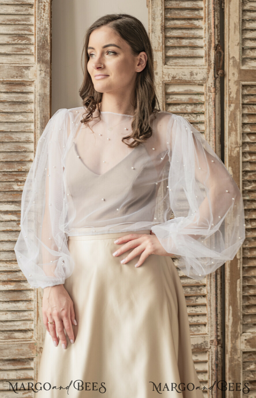 Ivory tulle Beaded Wedding bolero long sleeve Shrug Women Wedding Bridal Coverup with pearls Ivory Blouse for Bride Bridal Tulle Blouse dress capalet
