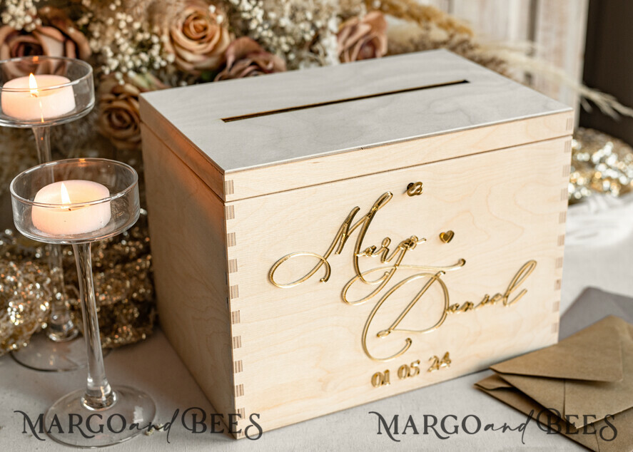 Natural Wood Mr & Mrs Wedding Gift Money Card Box with Sign Stand