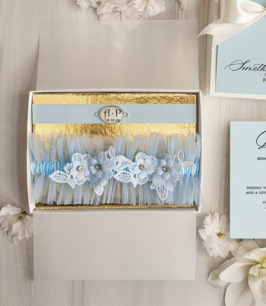 BRIDE bolero, robes, garter GARTER FOR BRIDE Set of Two gartes, personalised wedding garter in box, something blue tulle garter & personalised toss set, garter for bride,