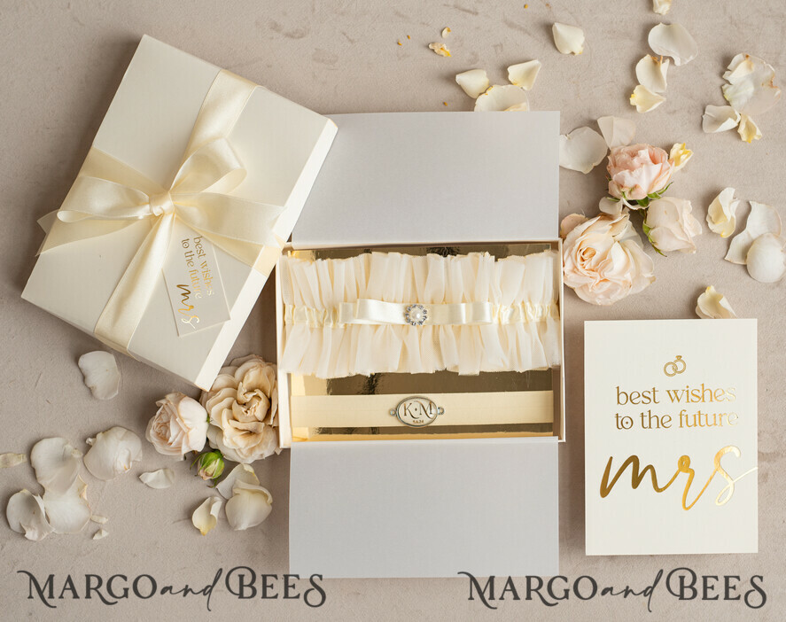 Set of Two gartes personalised wedding garter in box something blue tulle lace garter personalised toss set garter for bride bridal shower gift for bride ivory tulle garter set gift for